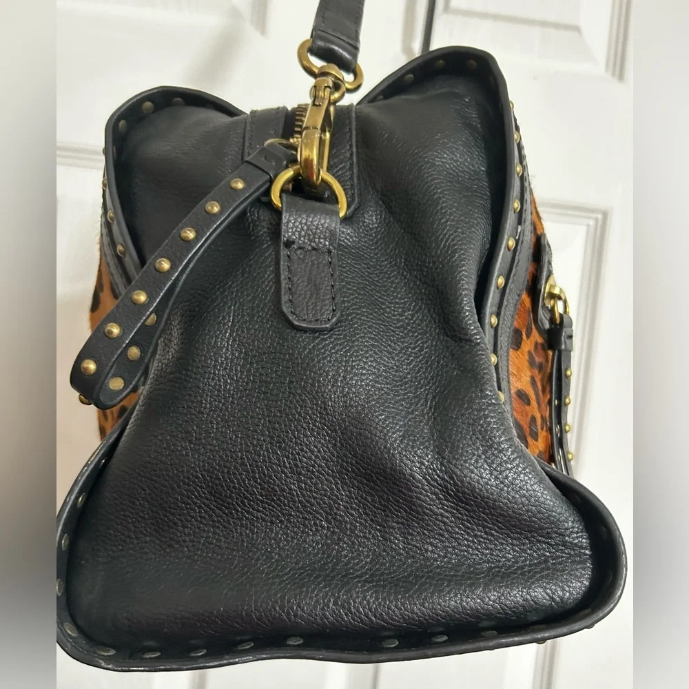 Leopard Print Satchel Handbag with Black Trim and Gold Accents
